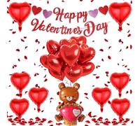 Valentine's Day Decorations Set, 10 x 18" Red Love Heart Balloons, 1 x Valentines Teddy Bear Balloon and 500 x Petals for Valentines Decorations
