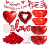 Valentines Day Decorations with Red Heart Balloons and Banner,Romantic Glitter Tinsel Wreath and Rose Petals,Heart Garland and Hanging Swirls for Valentine Decor or Party Supplies