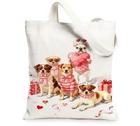 Valentine'S Day Dog Canvas Tote Bags, Cute Animal Love Pattern Reusable Grocery Bags, Lightweight Washable Shoulder Strap C, White, 13x15 Inch