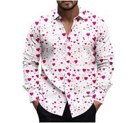 Valentines Day Dress Shirt Men Stylish Casual Lapel Long Sleeve Hawaiian Shirts Funny Love Heart Graphic Print Button Down Shirts Holiday Vacation Dating Top Big and Tall C-White
