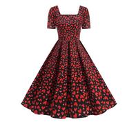 Valentine's Day Dresses Holiday Maxi Dresses for Women UK 1950s Audrey Hepburn Dress A Line Swing Cocktail Party Dresses Heart Print Short Sleeve Square Collar Slim Pleated Dress Dance Gown Black