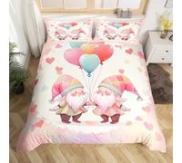 Valentine's Day Duvet Cover Set Double Size, Gnome Couples Bedding Set 3pcs for Girls Adults Lovers Room Decor, Heart Balloon Print Comforter Cover Soft Polyester Quilt Cover with 2 Pillowcases