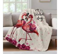 Valentine's Day Fleece Throw for Couch Sweet Flamingo Couple Love Heart Rose Floral Linen Texture Bed Throws Soft Warm Cozy Plush s with Striped Design for Sofa Travel 50x60 in (White Beige 32