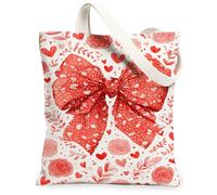 Valentine'S Day Floral Canvas Tote Bags, Romantic Bow Pattern Reusable Grocery Bags, Lightweight Washable Shoulder Strap Ca, Red, 13x15 Inch