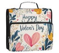 Valentines Day Floral Leaves Golden Pastel Love 3 Rings Zipper Binder with Strap Multiple Pockets Document Organizer for Middle School