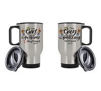 Valentines Day Funny Couples Tea/Coffee Mug Set, This Guy/Girl Has an Awesome/Amazing Girlfriend/Boyfriend Silver/White Insulated Travel Tea/Coffee Mug. (Silver)