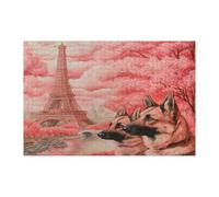 Valentine's Day German Shepherd Dog Jigsaw Puzzles for Adults 1000 Piece, Eiffel Tower Puppy Wooden Printed Puzzles, Couple Pattern Decor for Home Entertainment
