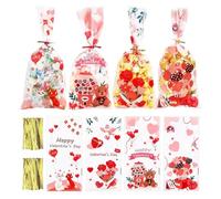 Valentine's Day Gift Bag - 100 Pieces Romantic Transparent Packaging Supplies Cartoons Designs - Party Snacks Candy Bags - for Birthdays Classroom Party