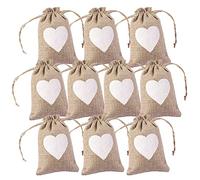 Valentines Day Gift Bags, 10pcs Linen Heart Drawstring Bags 14 x 10 cm Natural Jute Burlap Gift Pouch Vintage Party Bag (White Heart)