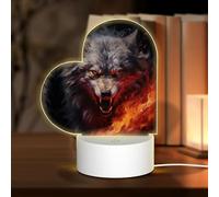 Valentine's Day Gift for Her Wolves in The Flame Roar Heart Acrylyic Night Light with Touch Control 3 Colors, USB Bedside Lamp for Mom, Girlfriend, Wife