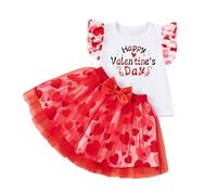 Valentine's Day Girls Two Piece Party Dress with Flutter Sleeve Top and Heart Print Skirt for Occasions 80s Outfits Clothes 12-13 Years 2 Year Old Girl Funny for Kids