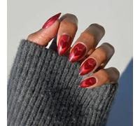 Valentines Day Glamnetic Press On Nails - Sent With Love | Short Almond Fake Nails in Bright Red with Cat-Eye Magnetic Heart Designs in a Velvet Finish | 15 Sizes - 30 Nail Kit with Glue