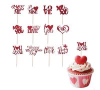 Valentines Day Glitter Cupcake Picks Set Romantic Love Party Cake Topper for Dessert Cake Decorations Valentine Party Table Supplies Red Heart Cupcake Toppers Pack of 12
