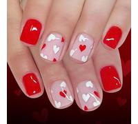Valentine's Day Glossy Fake Nails 24pcs Square Short Red White Heart Tips Red White Cute Short Nail