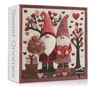 Valentines Day Gnome Puzzles for Adults 1000 Pieces, Love Gnomes Quilted Puzzles with Rose Flower Hearts, Sweet Valentine Jigsaw Puzzles for Couples