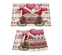 Valentine's Day Gnomes On Tartan Vinyl Placemats Set of 4 for Dining Tables,Kitchen Table Mats Heat Resistant Washable Wipeable PVC Place Mat