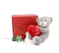 Valentine's Day Hamper - 2pc Set - 14 Inch/36cm Grey Teddy Bear Holding a Red 'I Love You' Heart and Single Red Rose - Presents for Him and Her Luxury Gift Set
