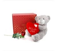 Valentine's Day Hamper - 2pc Set - 14 Inch/36cm Grey Teddy Bear Holding a Red 'Ich Liebe Dich' Heart and Single Red Rose - Presents for Him and Her Luxury Gift Set