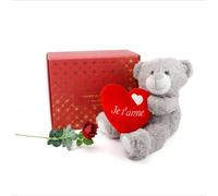 Valentine's Day Hamper - 2pc Set - 14 Inch/36cm Grey Teddy Bear Holding a Red 'Je t'aime' Heart and Single Red Rose - Presents for Him and Her Luxury Gift Set