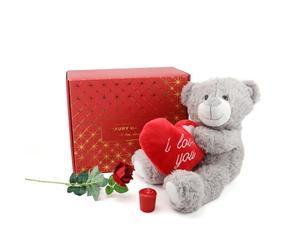 Valentines Day Hamper - I Love You Beary Much - Red Candle, Red Rose, Grey Teddy Bear Holding an 'I Love You' Heart - Perfect for Valentines Day Gifting