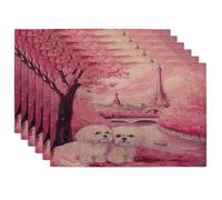 Valentine's Day Havanese Dog Placemats Set of 6, 12x18 Inch, Eiffel Tower Puppy 6Pcs Table Mats for Dinning, Couple Pattern Holiday Home Kitchen Decor
