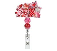 Valentine's Day Heart Badge Reel Holder ID Name Retractable Clip Lanyard with Cute Beaded Dessert Dwarf Heart Glitter Bling for Nurse Nurses CNA CMA Nursing Healthcare Valentine Accessories