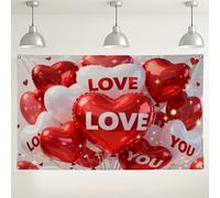 Valentine's Day Heart Balloons Backdrop, Red White Romantic Party Decorations, Love Themed Indoor/Outdoor Photo Background for Celebrations 71x43 Inch