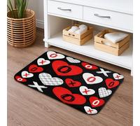 Valentine's Day Heart Design Quick Dry Bath Mat, Bold Red and Black Absorbent Non Slip Shower Mat, Romantic Flannel Washable Bath Rugs for Bathroom 16x24 Inch