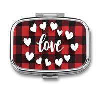 Valentine's Day Heart Love on Red Black Checkered Pattern Pill Box 2 Compartment Portable Medicine Pill Case Travel Pill Organizer for Pocket Purse