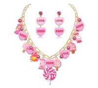 Valentines Day Heart Necklace Earrings Cute Candy Cane Ice Cream Bear Pink Pearl Charm Necklace XO XO Conversation Heart Earrings Necklace Kawaii Valentine’s Day Necklace Earrings Jewelry Set for