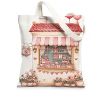 Valentine'S Day Hearts Canvas Tote Bags, Floral Shop Pattern Reusable Grocery Bags, Lightweight Washable Shoulder Strap for, Peach, 13x15 Inch