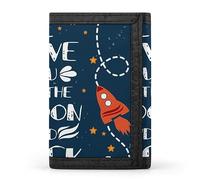 Valentine's Day I love you to the moon and back Rocket Crecent Moon Trifold Wallet, Stylish Purse With Keychain, Credit Pass Case Card-Holder for Crash Bills Receipts Women Men 5 x 3.3 x 0.2 Inch