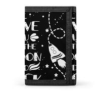 Valentine's Day I love you to the moon and back Rocket Crescent Moon Trifold Wallet, Stylish Purse With Keychain, Credit Pass Case Card-Holder for Crash Bills Receipts Women Men 5 x 3.3 x 0.2 Inch