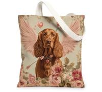 Valentine's Day Irish Setter Dog Canvas Tote Bag for Shopping 13 * 15 Inch, Vintage Puppy Reusable Grocery Bag for Women, Retro Pet Aesthetic Pattern Gift Decor