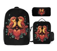 Valentine's Day Love Birds 3 Pieces Set Laptop Backpack Casual Daypack with Lunch Box Pencil Case for Travel