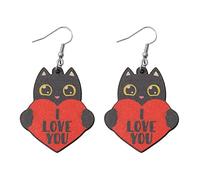 Valentines Day Love Hearts Wooden Drop Earrings Red Pink Heart Shape Cute Cat Double Printed Wood Dangle Earrings I Love You Pendant Earrings for Women Mom-Style C