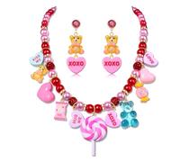 Valentine's Day Necklace for Women Layered Candy Conversation Heart Choker Necklace Heishi Pearl Beaded Necklace Candy Heart Earrings Valentines Day Gifts for Her, One Size, Plastic, No Gemstone