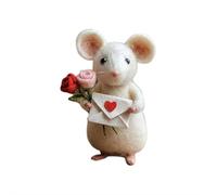 Valentine's Day Needle Felted Mouse,Cute Charming Needle Felted Mice Figurine,Handmade Wool Felt Mouse Hold Roses Heart,Felt MouseOrnaments Decor,Romantic MousesGift for Valentines Easter (color/A)