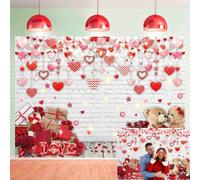 Valentine's Day Photography Backdrop White Love Sweet Heart Brick Wall Background Glitter Valentine's Day Photo Studio Supplies Banner (7x5FT: 84x60 inch)