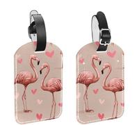Valentines Day Pink Flamingo and Heart Pattern. Luggage Tags for Suitcase, 2 Pack Leather Baggage Identifier with Privacy Flap and Name ID Label for Women Men Travel
