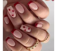 Valentine's Day Press On Nails - 24Pcs Short Square False Nails - Romantic Red & Nude French Tip False Nails with Heart & Diamond Accents - Full Cover Acrylic Nails with Glue for Women