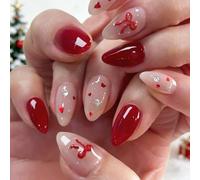 Valentine's Day Press On Nails Almond, 24PCS Burgundy French Tip False Nails with 3D Bowknot Design, Reusable Fake Nails, Reusable Medium Almond Press-On Nail for Women French Manicure