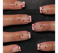 Valentine's Day Press on Nails Polka Dot Fake Nails Short Square False Nails Press ons Red Heart Acrylic Glossy Full Cover Glue for Women Manicure 24Pcs (Pink French Tip)