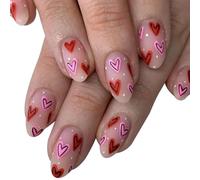 Valentine's Day Press On Nails Short Almond False Heart Designs Stick On Glossy Finish Artificial 24Pcs Full Cover Acrylic Nail