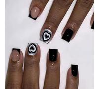 Valentine's Day Press On Nails Short Square Artificial Nails Black White Heart Designs False Stick On 24Pcs Nail Art