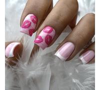 Valentine's Day Press on Nails Short Square French Tip Fake Nails Nude Pink Full Cover Rose Pink Lips False Nails With Designs Glossy Glue on Acrylic Manicure Artificial Nails for Women Girls