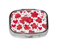 Valentine's Day Red Heart Flower Print Square Metal Pill Box Decorative Pill Case - Carry Your Meds in Style (Rectangular)