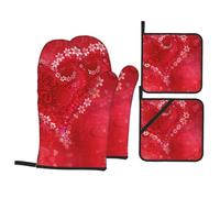 Valentine'S Day Red Heart Floweroven Gloves And Pot Holders 4set Heat Resistant Home Essentials No-Slip Kitchen Accessory
