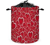 Valentine's Day Red Hearts Texture Seamless on White Drawstring Collapsible Canvas Storage Basket, with Handles Foldable Storage Bin, Durable for Laundry Toys Clothes Bedroom Office
