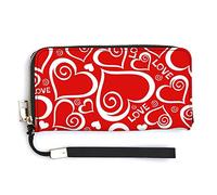 Valentine's Day Red Hearts with White Rims Texture Seamless on White Long Clutch Wallet, Long Handbag with Removable Wristlet Strap, PU Leather Zip Purse, Credit Pass Case Card-Holder for Men Women
